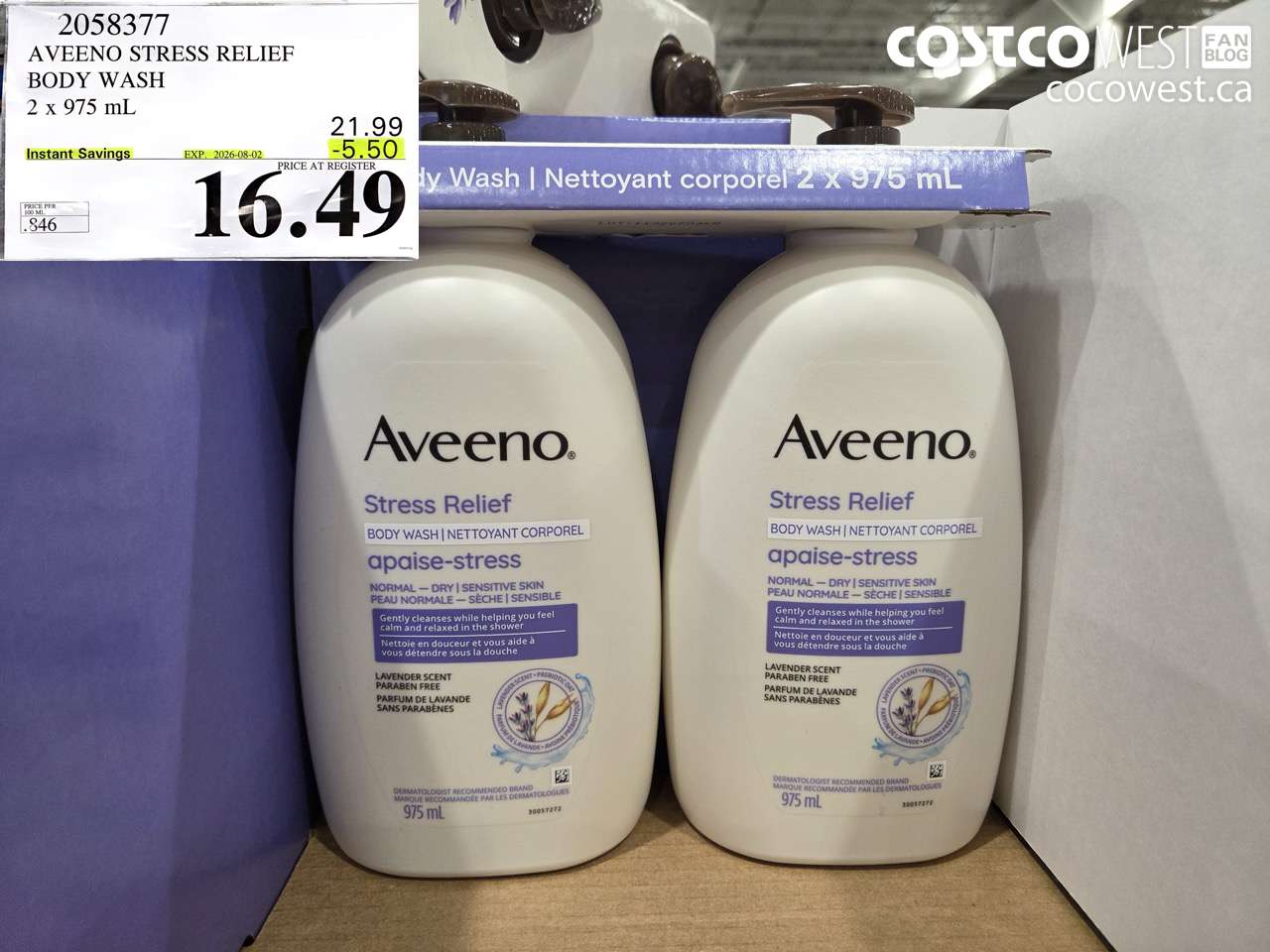 2058377 AVEENO STRESS RELIEF BODY WASH 2 X 975 ML ($5.50 INSTANT SAVINGS EXPIRES ON 2026-08-02) $16.49