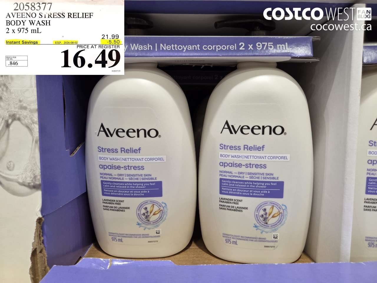 2058377 AVEENO STRESS RELIEF BODY WASH 2 X 975 ML ($5.50 INSTANT SAVINGS EXPIRES ON 2026-08-02) $16.49