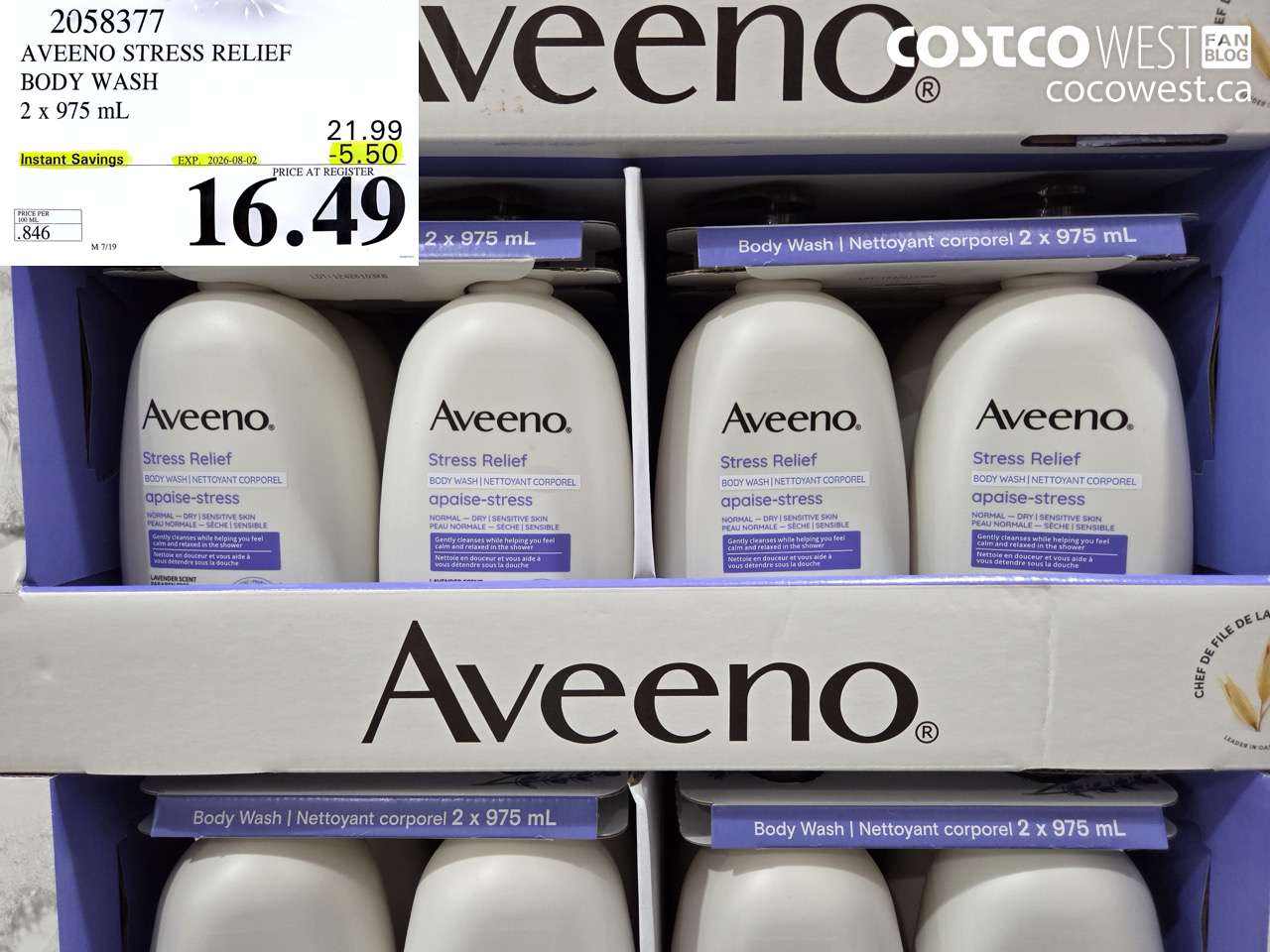 2058377 AVEENO STRESS RELIEF BODY WASH 2 X 975 ML ($5.50 INSTANT SAVINGS EXPIRES ON 2026-08-02) $16.49