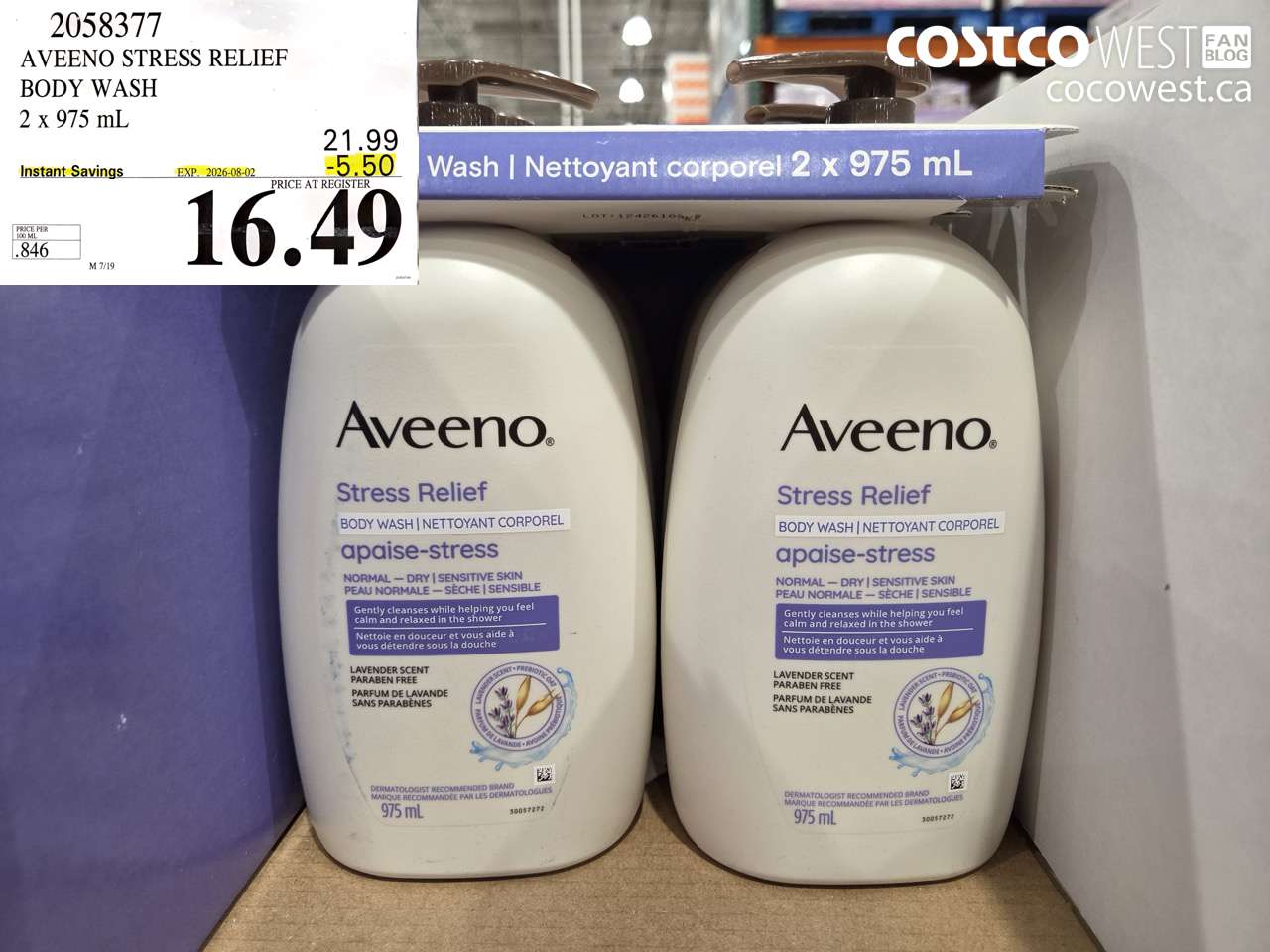 2058377 AVEENO STRESS RELIEF BODY WASH 2 X 975 ML ($5.50 INSTANT SAVINGS EXPIRES ON 2026-08-02) $16.49