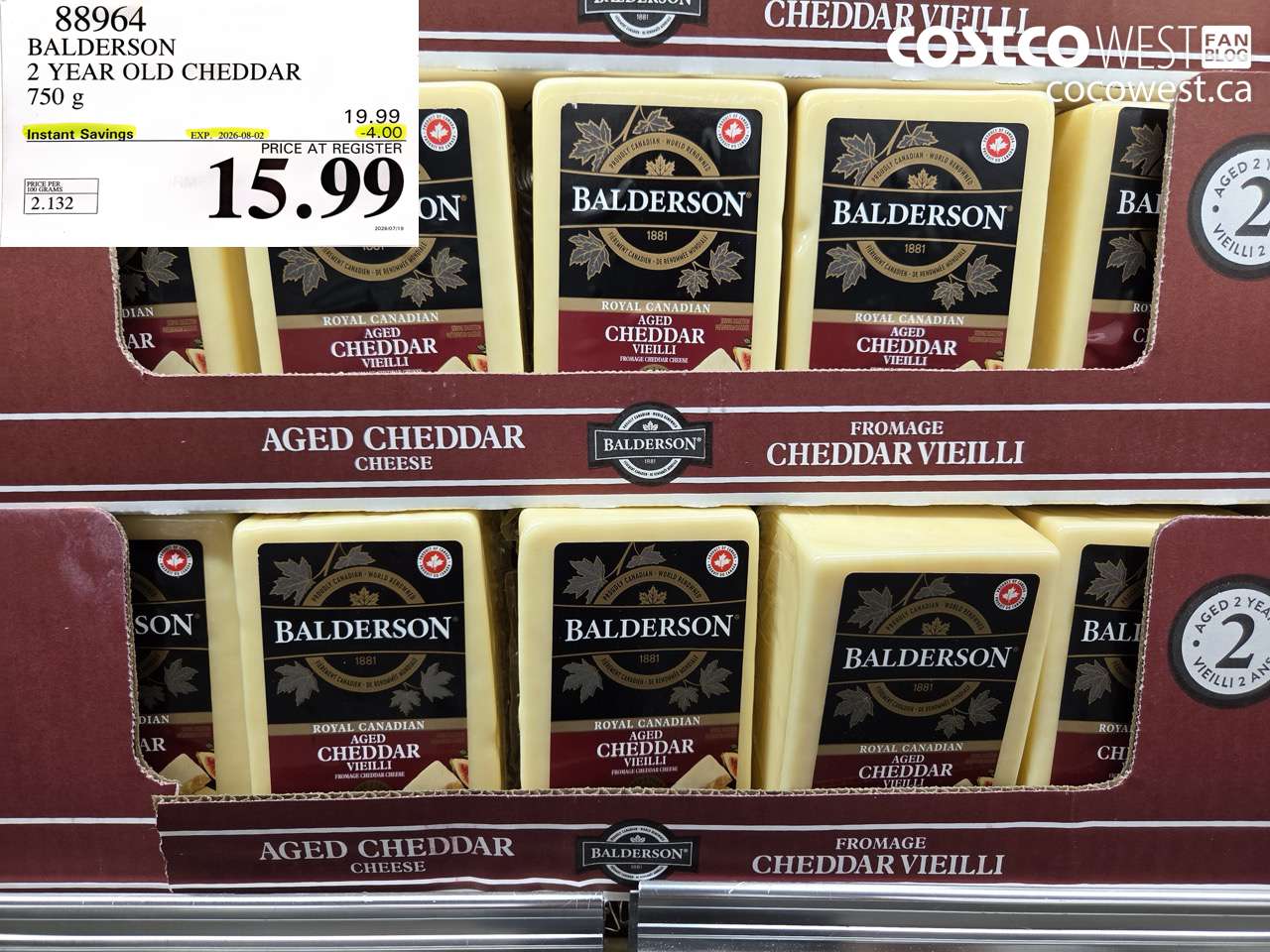 88964 BALDERSON 2 YEAR OLD CHEDDAR 750 G ($4.00 INSTANT SAVINGS EXPIRES ON 2026-08-02) $15.99