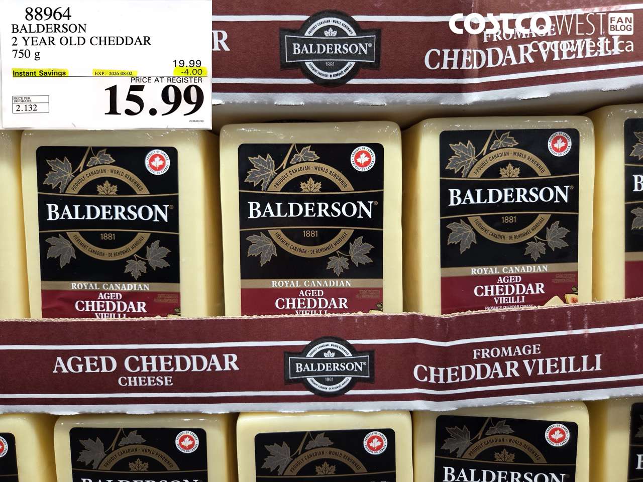 88964 BALDERSON 2 YEAR OLD CHEDDAR 750 G ($4.00 INSTANT SAVINGS EXPIRES ON 2026-08-02) $15.99
