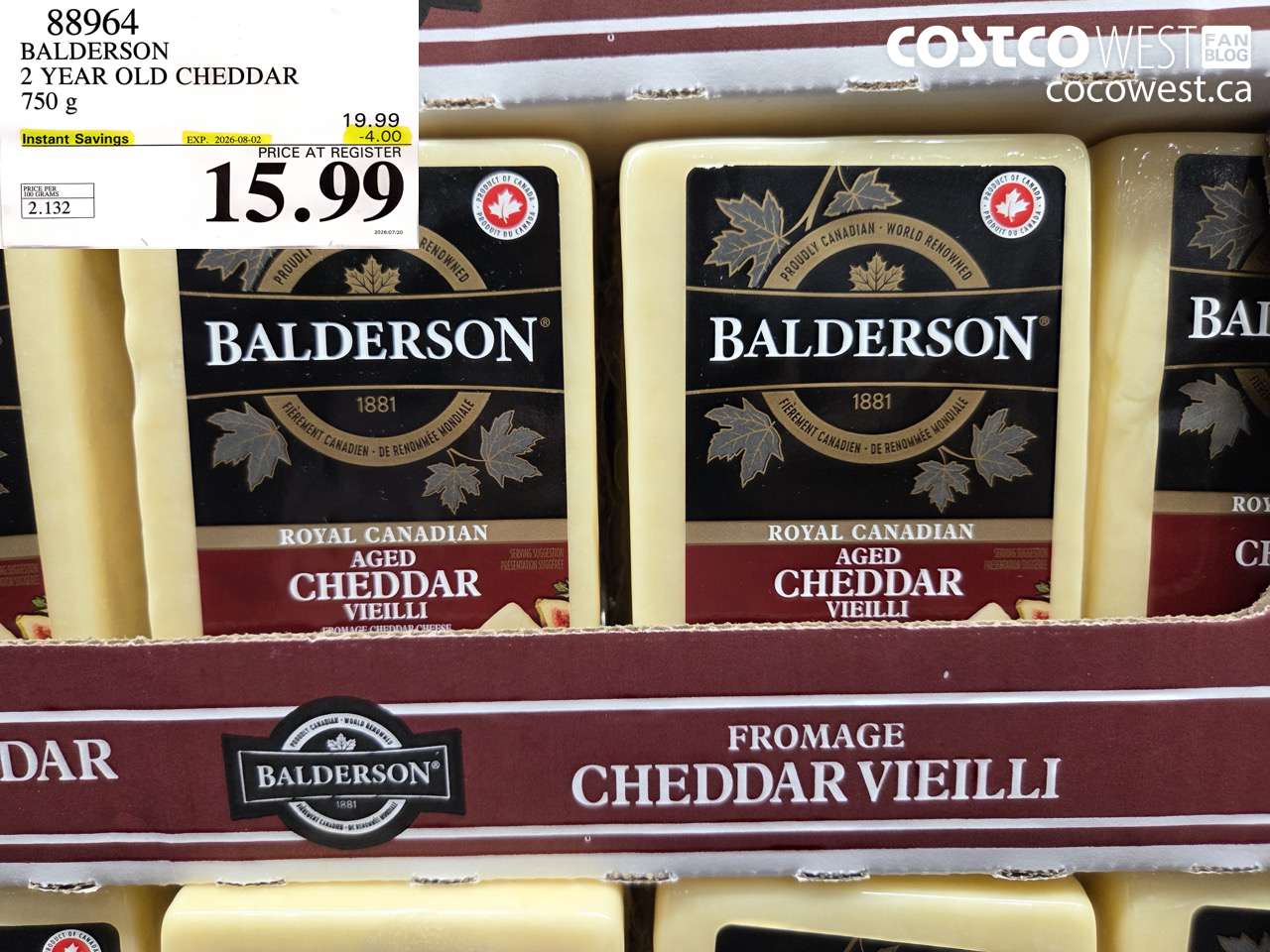 88964 BALDERSON 2 YEAR OLD CHEDDAR 750 G ($4.00 INSTANT SAVINGS EXPIRES ON 2026-08-02) $15.99
