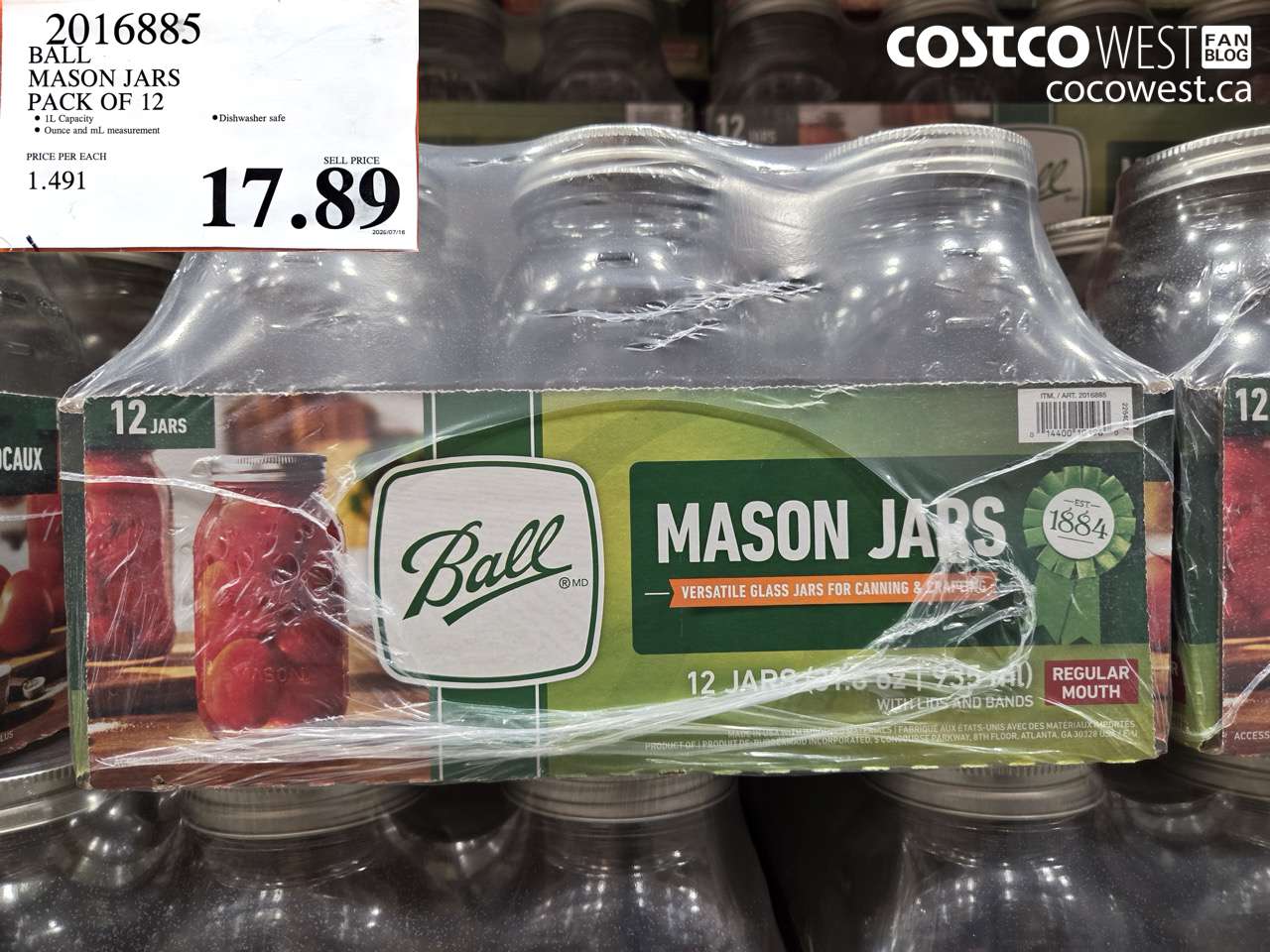 2016885 BALL MASON JARS PACK OF 12 $17.89