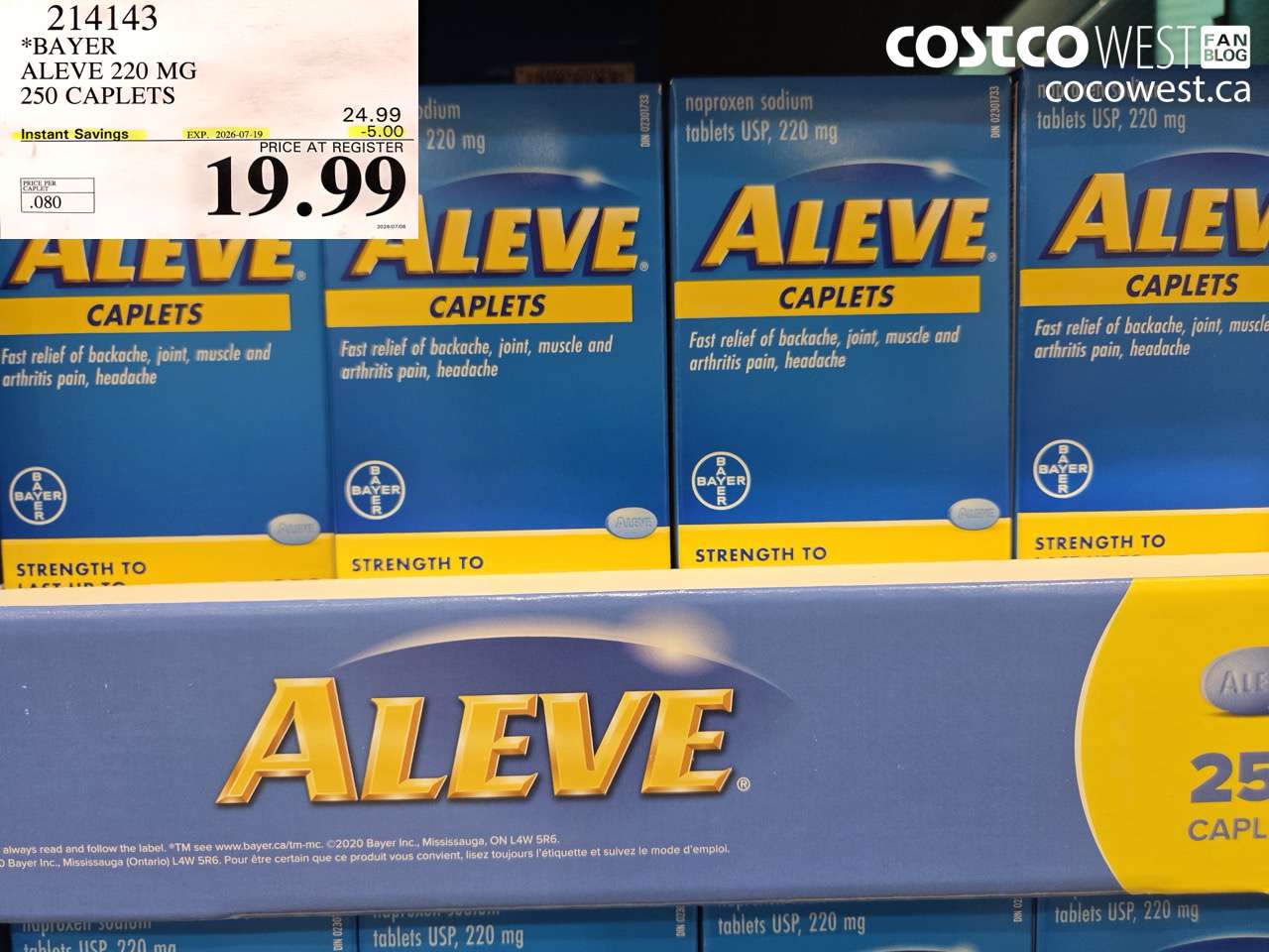 214143 BAYER ALEVE 220 MG 250 CAPLETS ($5.00 INSTANT SAVINGS EXPIRES ON 2026-07-19) $19.99