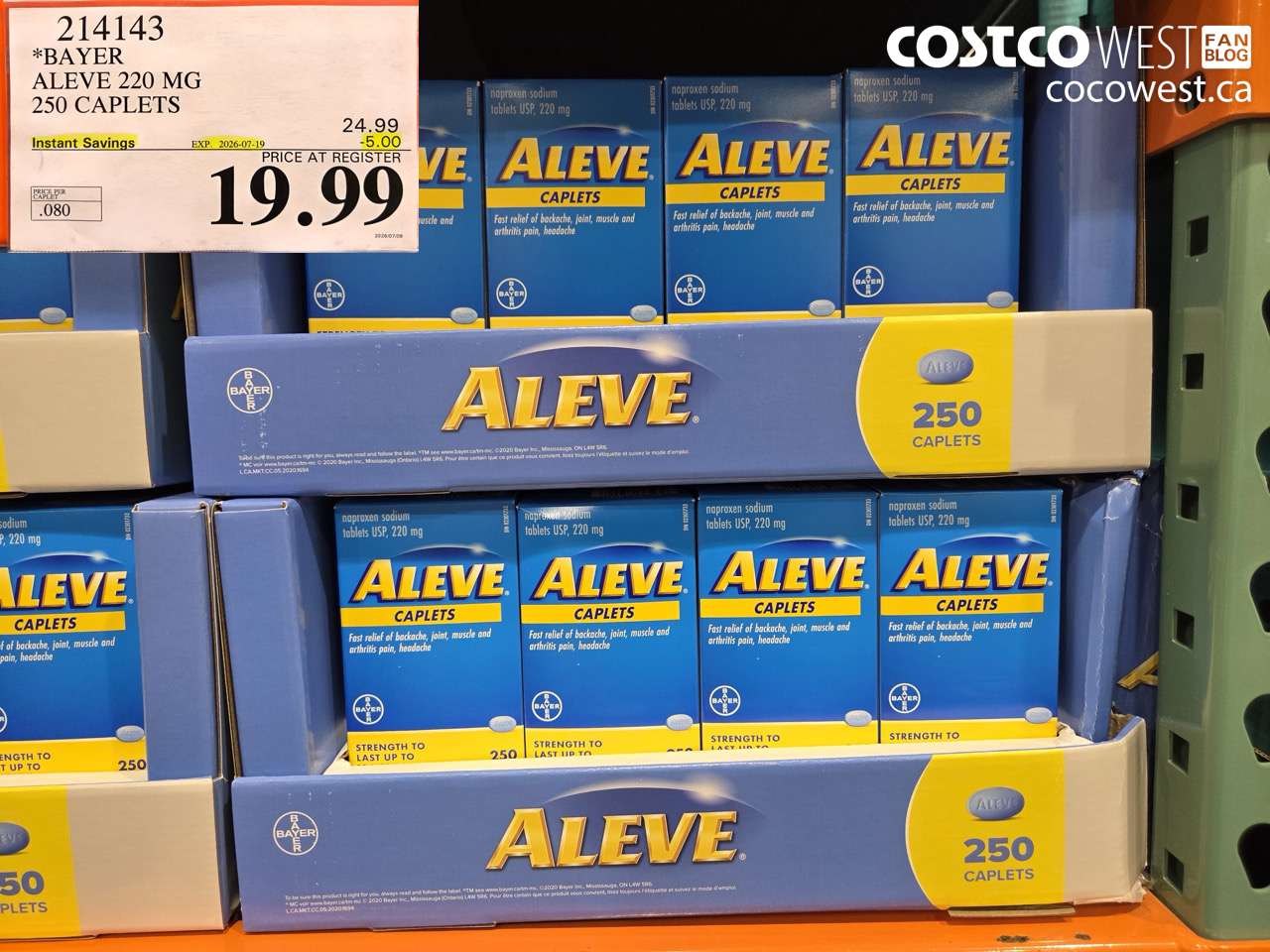 214143 BAYER ALEVE 220 MG 250 CAPLETS ($5.00 INSTANT SAVINGS EXPIRES ON 2026-07-19) $19.99