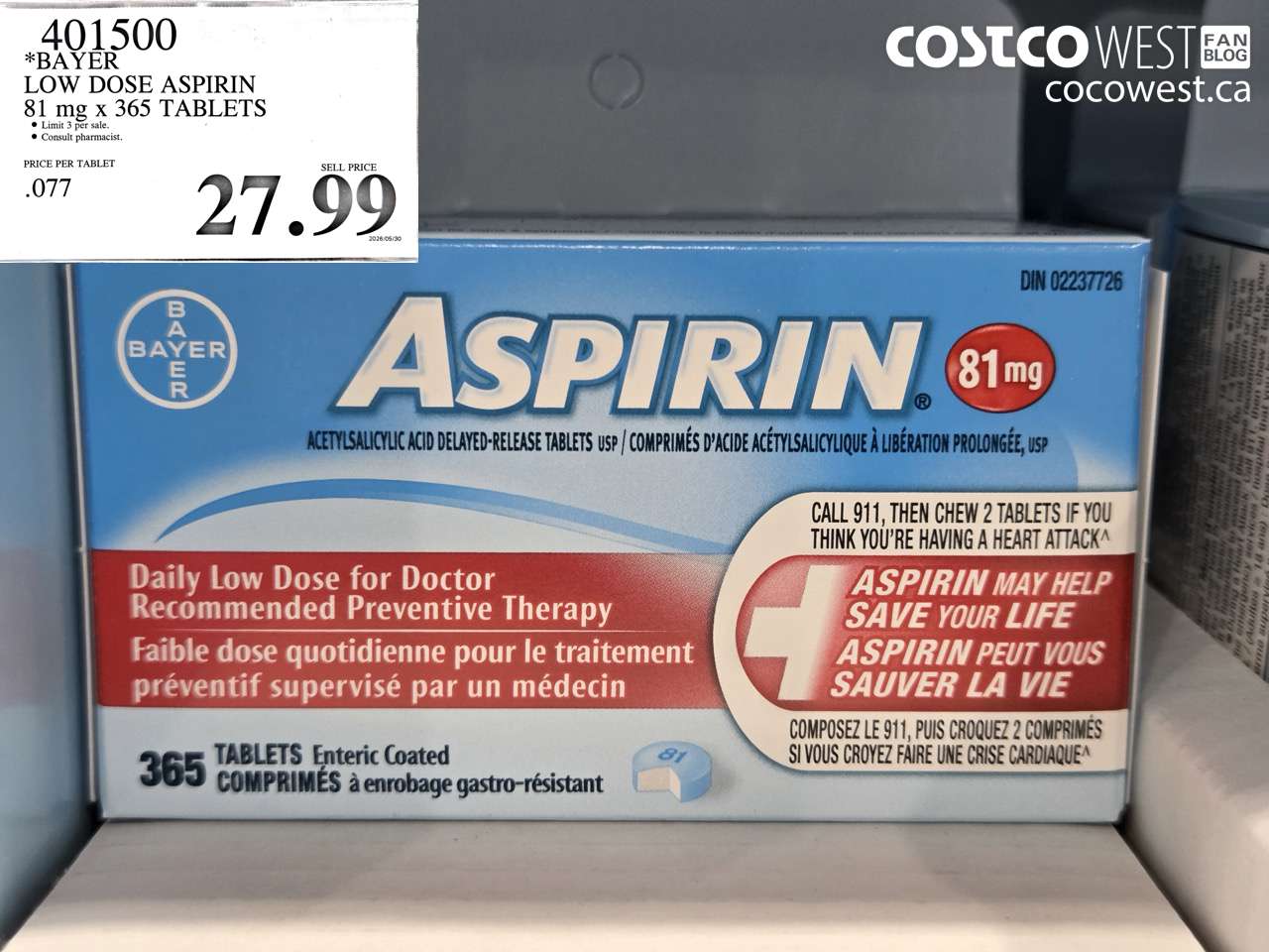401500 BAYER LOW DOSE ASPIRIN 81 MG X 365 TABLETS $27.99