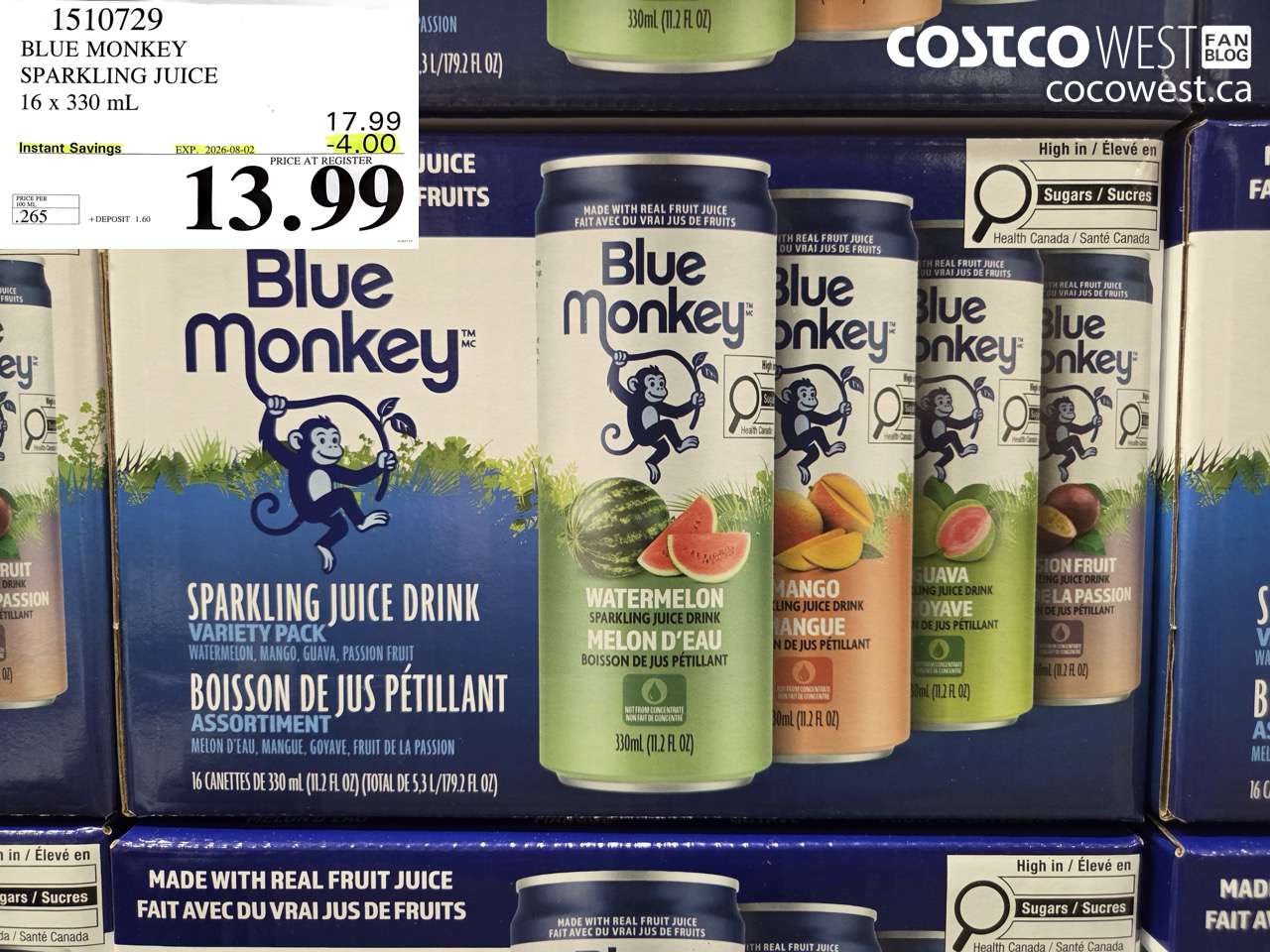 1510729 BLUE MONKEY SPARKLING JUICE 16 X 330 ML ($4.00 INSTANT SAVINGS EXPIRES ON 2026-08-02) $13.99