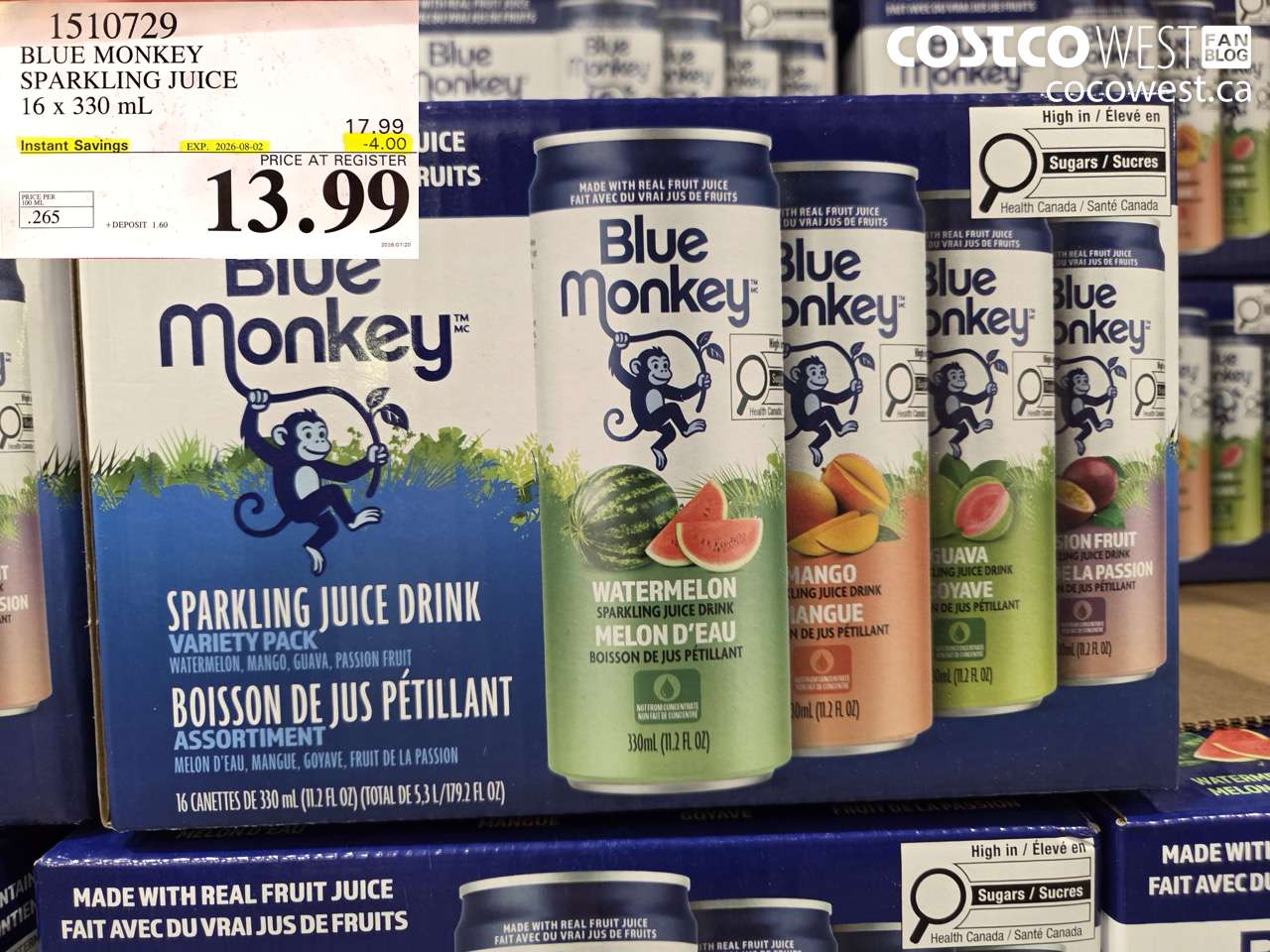 1510729 BLUE MONKEY SPARKLING JUICE 16 X 330 ML ($4.00 INSTANT SAVINGS EXPIRES ON 2026-08-02) $13.99