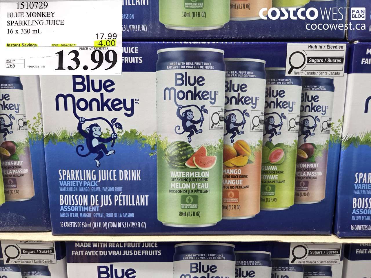 1510729 BLUE MONKEY SPARKLING JUICE 16 X 330 ML ($4.00 INSTANT SAVINGS EXPIRES ON 2026-08-02) $13.99