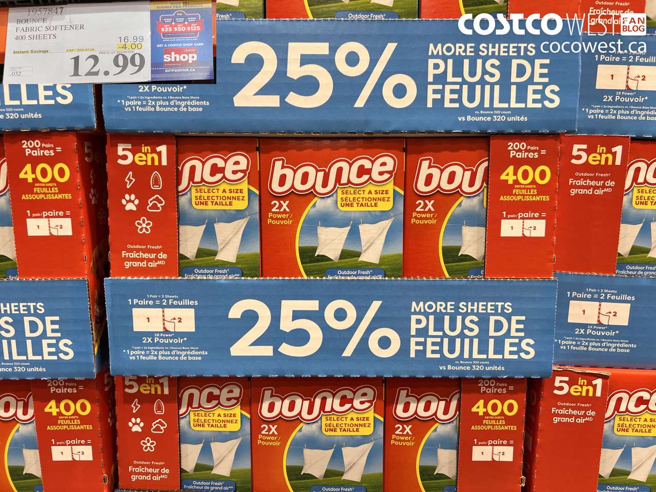 1957847 BOUNCE FABRIC SOFTENER 400 SHEETS ($4.00 INSTANT SAVINGS EXPIRES ON 2026-07-05) $12.99
