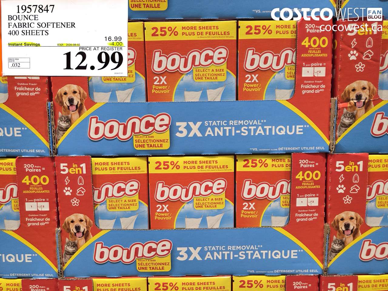 1957847 BOUNCE FABRIC SOFTENER 400 SHEETS ($4.00 INSTANT SAVINGS EXPIRES ON 2026-08-02) $12.99