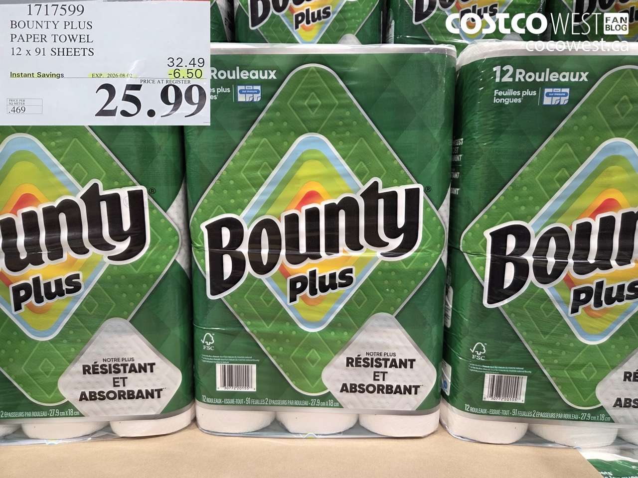 1717599 BOUNTY PLUS PAPER TOWEL 12 X 91 SHEETS ($6.50 INSTANT SAVINGS EXPIRES ON 2026-08-02) $25.99