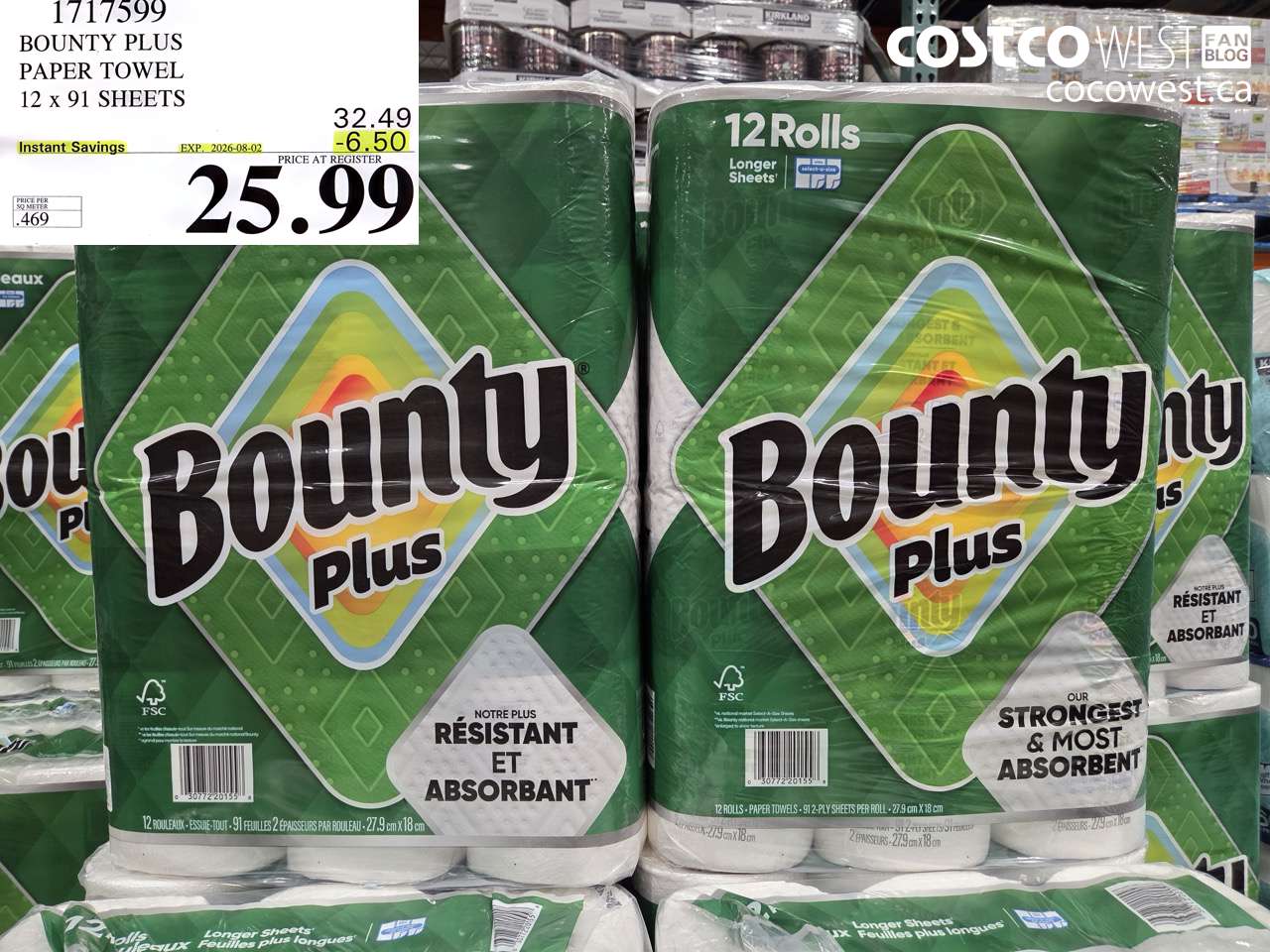 1717599 BOUNTY PLUS PAPER TOWEL 12 X 91 SHEETS ($6.50 INSTANT SAVINGS EXPIRES ON 2026-08-02) $25.99