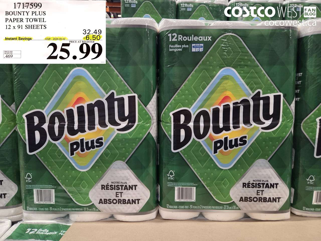 1717599 BOUNTY PLUS PAPER TOWEL 12 X 91 SHEETS ($6.50 INSTANT SAVINGS EXPIRES ON 2026-08-02) $25.99