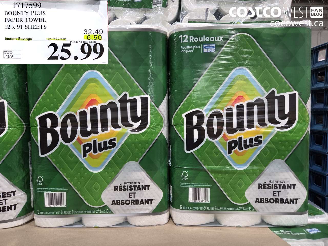 1717599 BOUNTY PLUS PAPER TOWEL 12 X 91 SHEETS ($6.50 INSTANT SAVINGS EXPIRES ON 2026-08-02) $25.99