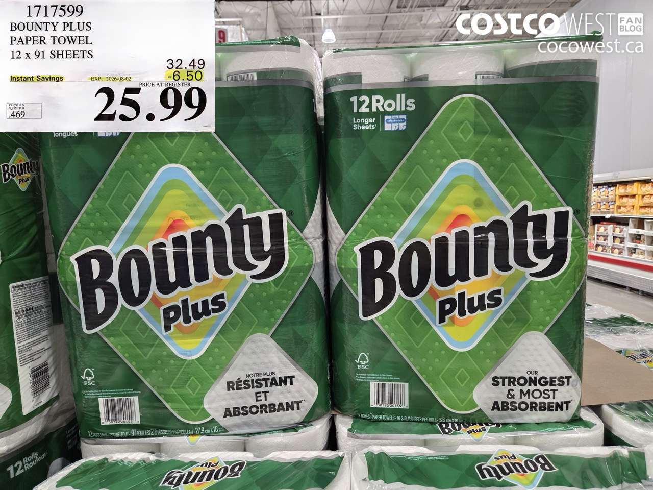 1717599 BOUNTY PLUS PAPER TOWEL 12 X 91 SHEETS ($6.50 INSTANT SAVINGS EXPIRES ON 2026-08-02) $25.99