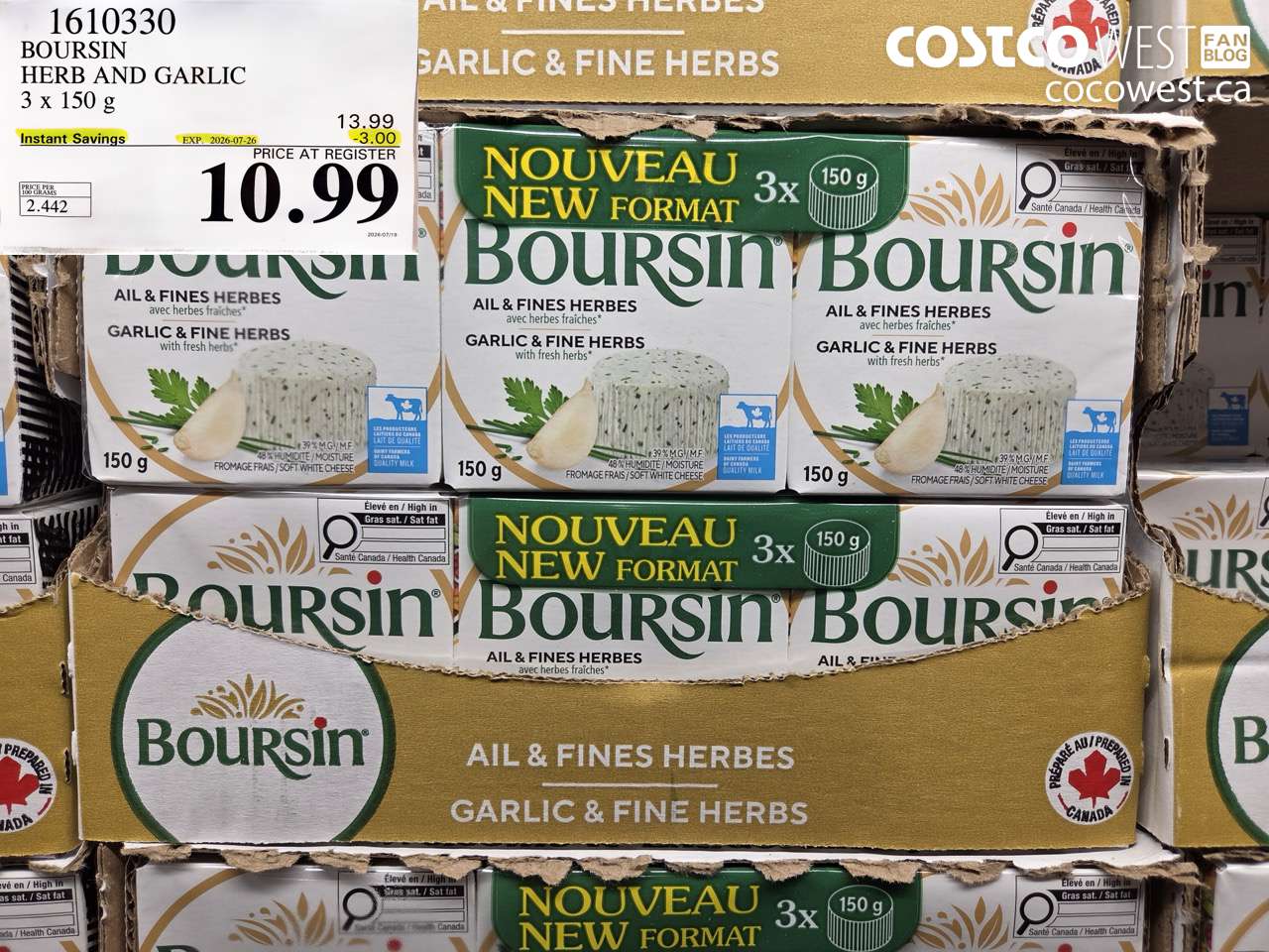 1610330 BOURSIN HERB AND GARLIC 3 X 150 G ($3.00 INSTANT SAVINGS EXPIRES ON 2026-07-26) $10.99