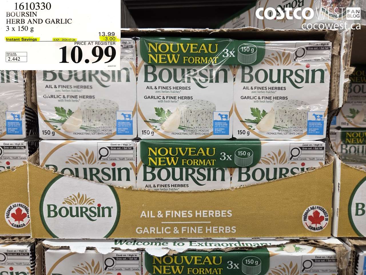 1610330 BOURSIN HERB AND GARLIC 3 X 150 G ($3.00 INSTANT SAVINGS EXPIRES ON 2026-07-26) $10.99