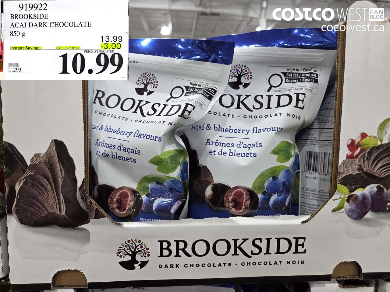 919922 BROOKSIDE ACAI DARK CHOCOLATE 850 G ($3.00 INSTANT SAVINGS EXPIRES ON 2026-08-02) $10.99