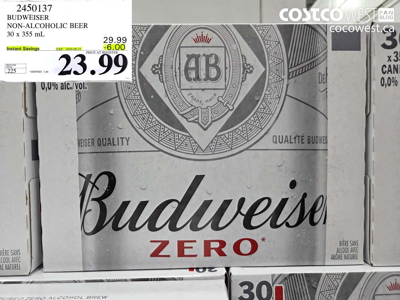 2450137 BUDWEISER NON-ALCOHOLIC BEER 30 X 355 ML ($6.00 INSTANT SAVINGS EXPIRES ON 2026-08-23) $23.99