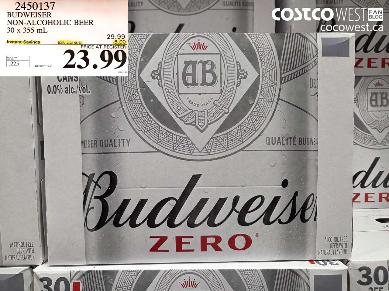 2450137 BUDWEISER NON-ALCOHOLIC BEER 30 X 355 ML ($6.00 INSTANT SAVINGS EXPIRES ON 2026-08-23) $23.99