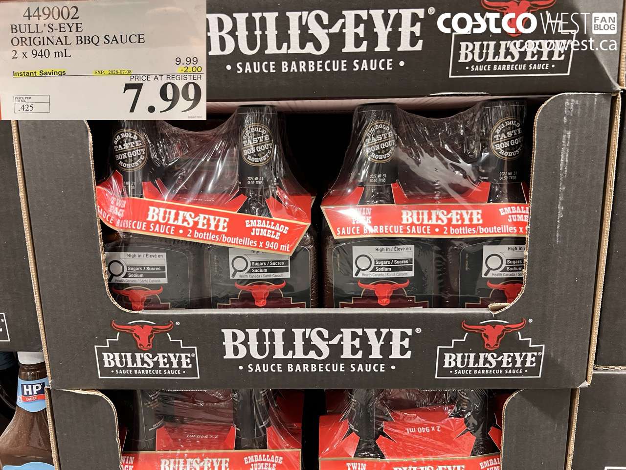 449002 BULL'S-EYE ORIGINAL BBQ SAUCE 2 X 940 ML ($2.00 INSTANT SAVINGS EXPIRES ON 2026-07-08) $7.99