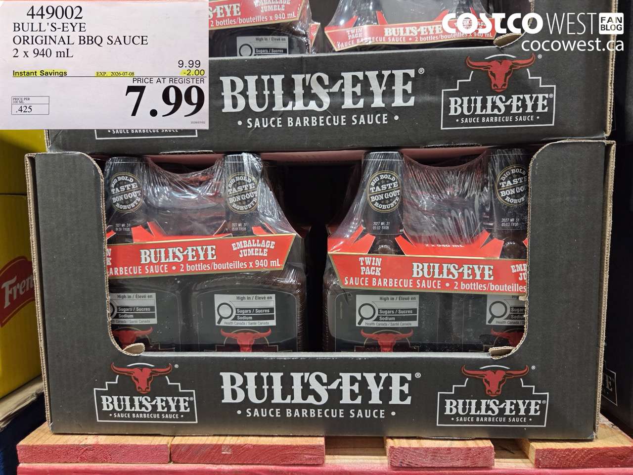 449002 BULL'S-EYE ORIGINAL BBQ SAUCE 2 X 940 ML ($2.00 INSTANT SAVINGS EXPIRES ON 2026-07-08) $7.99