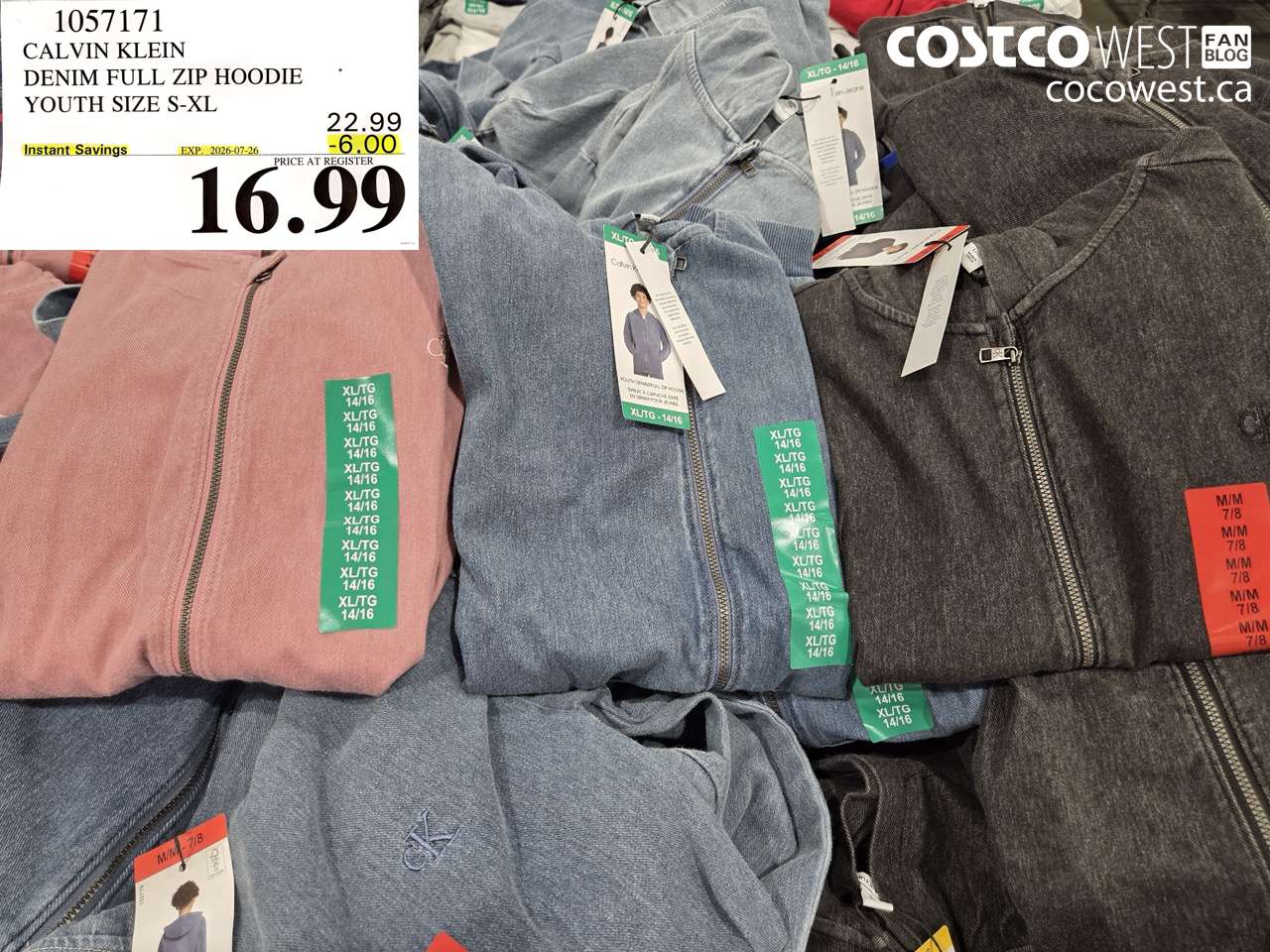 1057171 CALVIN KLEIN DENIM FULL ZIP HOODIE YOUTH SIZE S-XL ($6.00 INSTANT SAVINGS EXPIRES ON 2026-07-26) $16.99