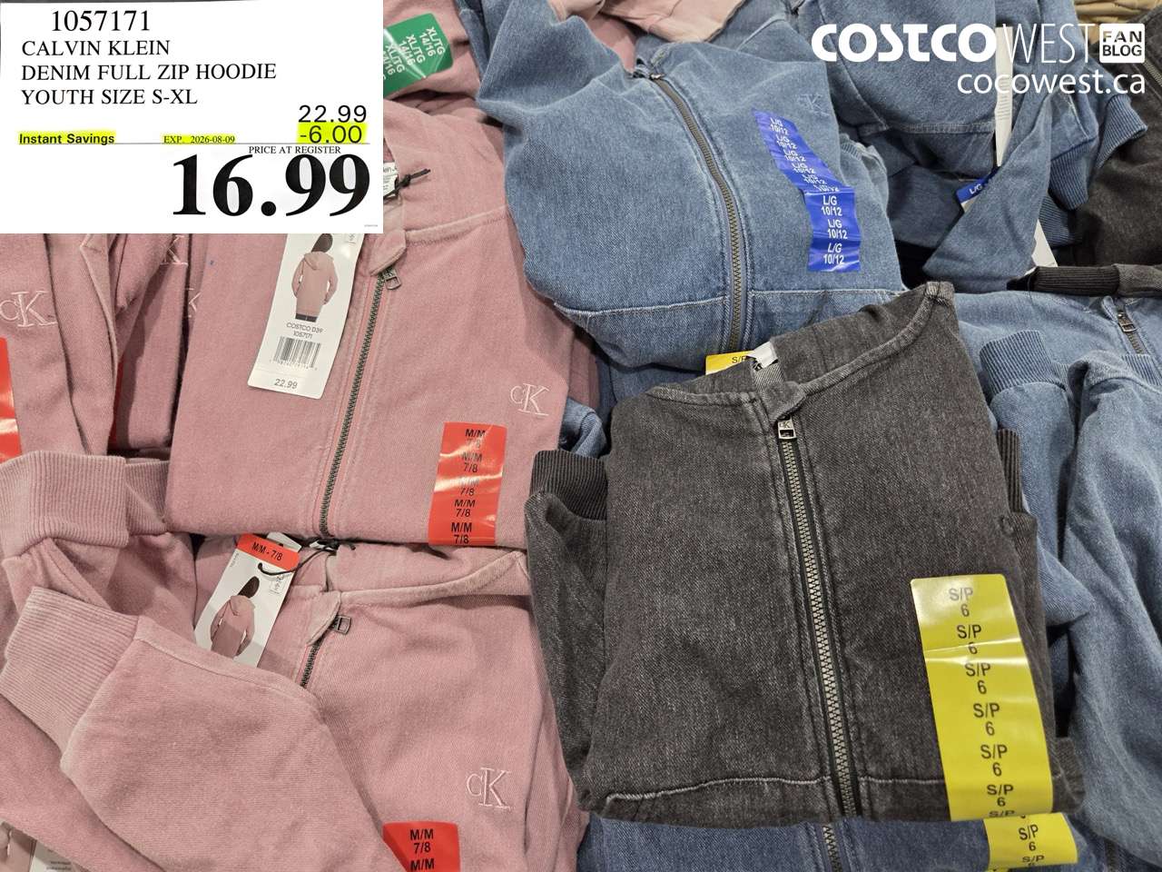 1057171 CALVIN KLEIN DENIM FULL ZIP HOODIE YOUTH SIZE S-XL ($6.00 INSTANT SAVINGS EXPIRES ON 2026-08-09) $16.99