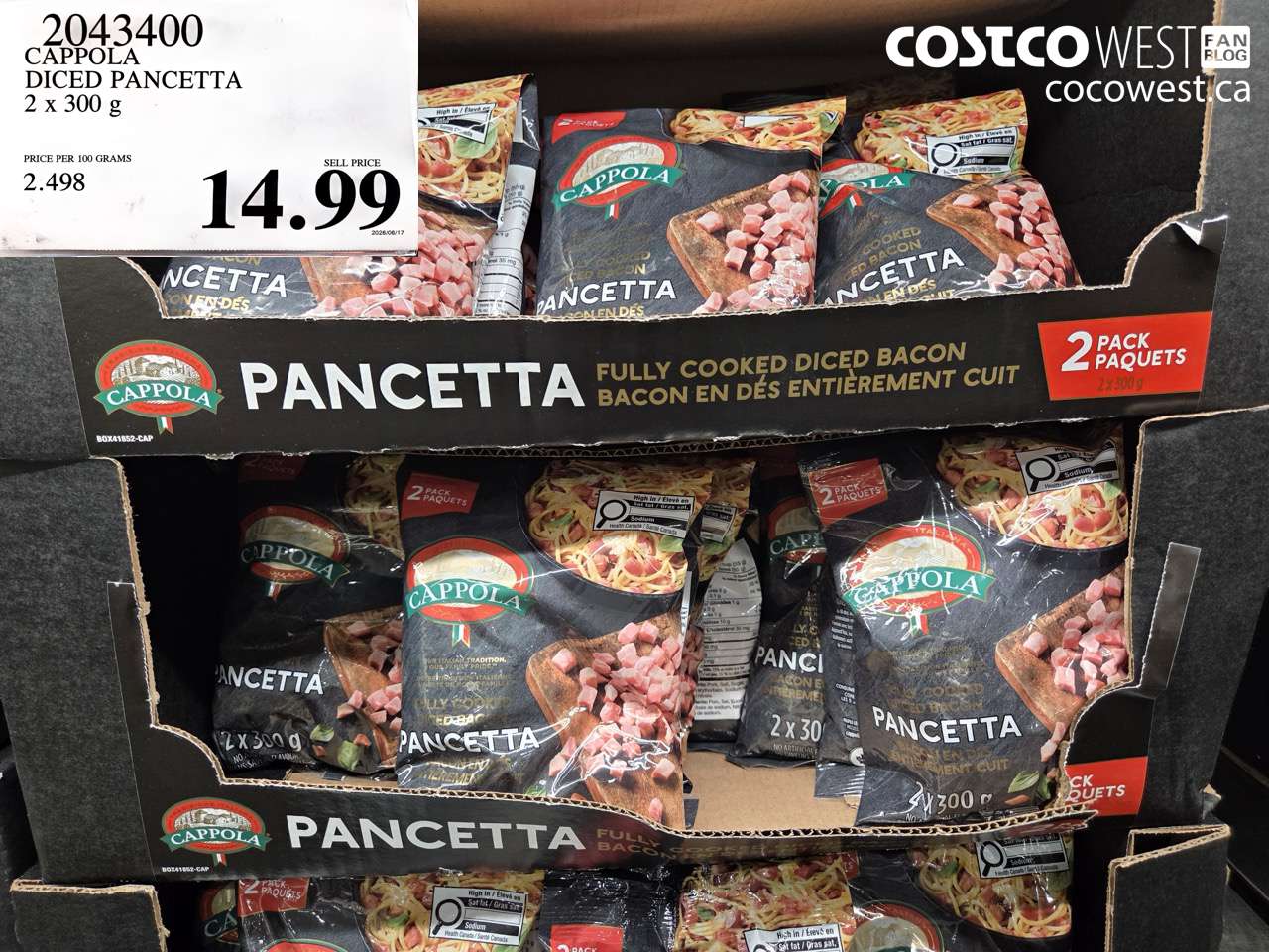 2043400 CAPPOLA DICED PANCETTA 2 X 300 G $14.99