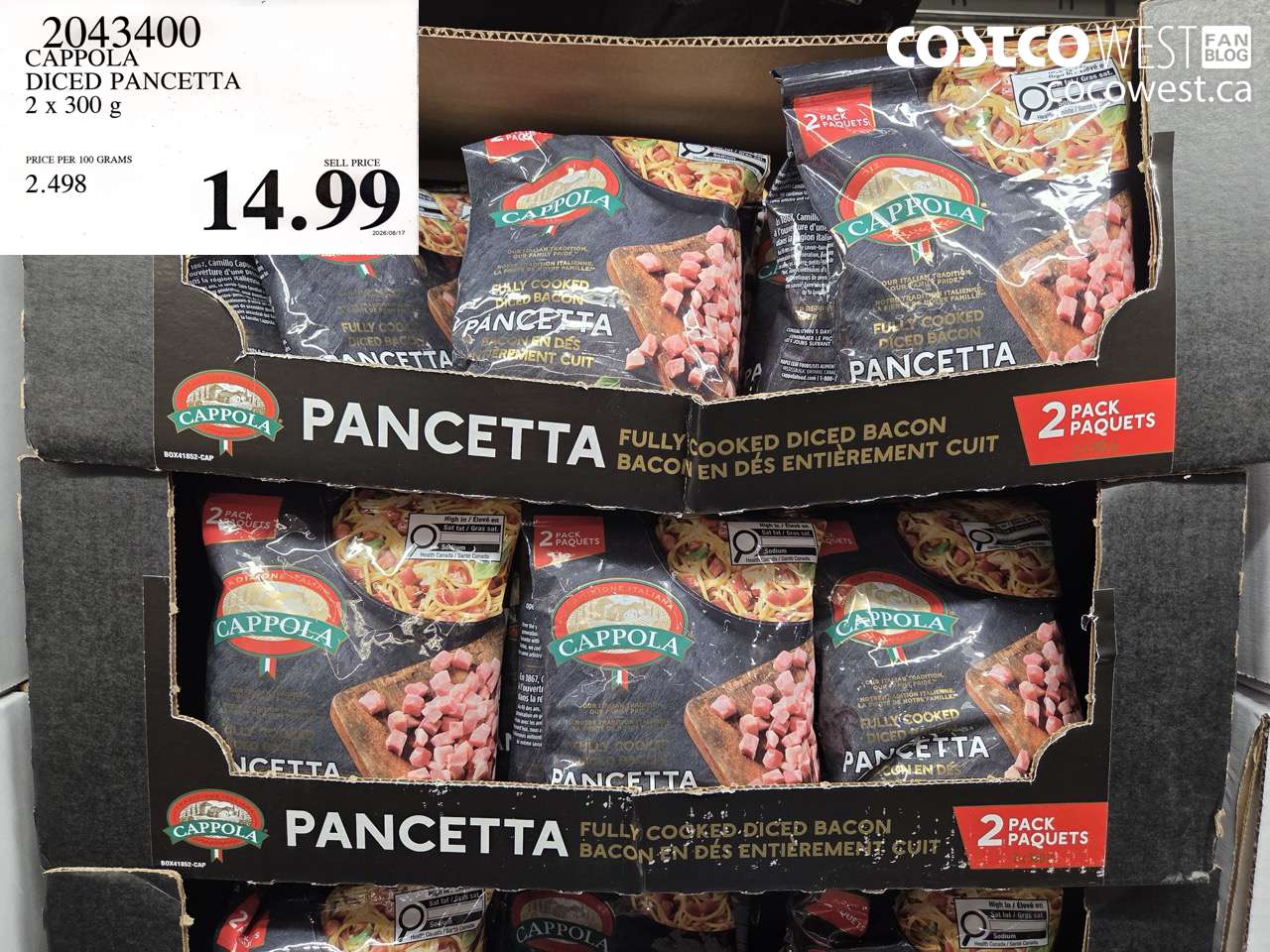 2043400 CAPPOLA DICED PANCETTA 2 X 300 G $14.99