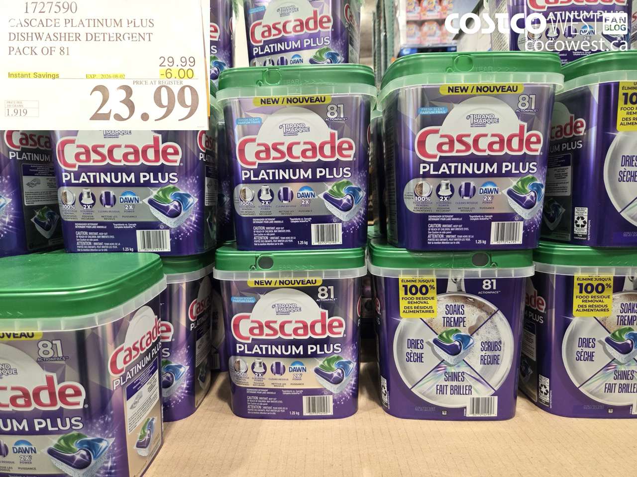 1727590 CASCADE PLATINUM PLUS DISHWASHER DETERGENT PACK OF 81 ($6.00 INSTANT SAVINGS EXPIRES ON 2026-08-02) $23.99