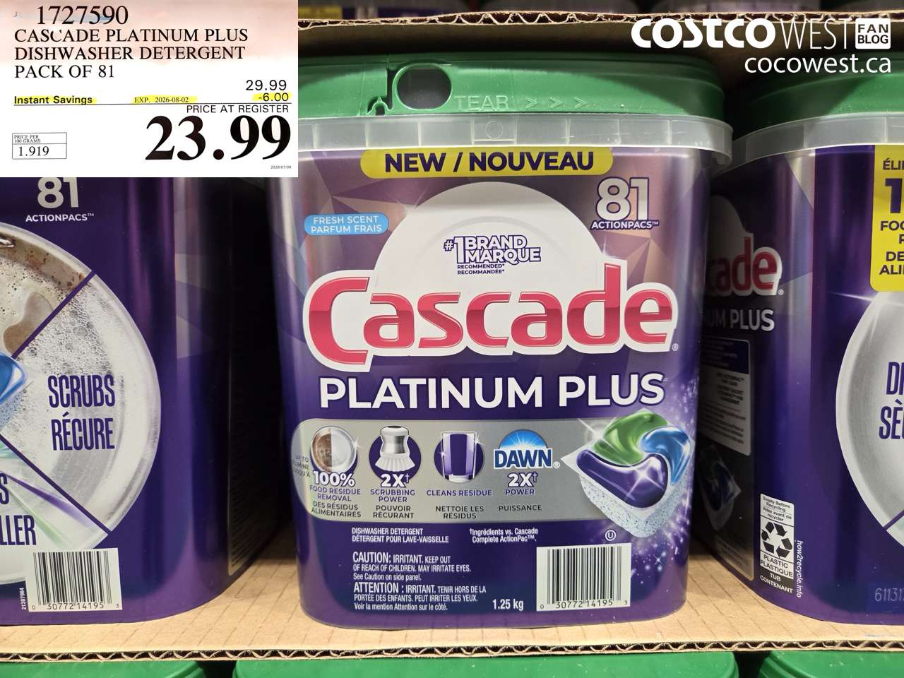 1727590 CASCADE PLATINUM PLUS DISHWASHER DETERGENT PACK OF 81 ($6.00 INSTANT SAVINGS EXPIRES ON 2026-08-02) $23.99