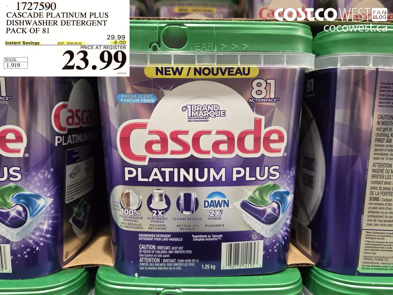 1727590 CASCADE PLATINUM PLUS DISHWASHER DETERGENT PACK OF 81 ($6.00 INSTANT SAVINGS EXPIRES ON 2026-08-02) $23.99
