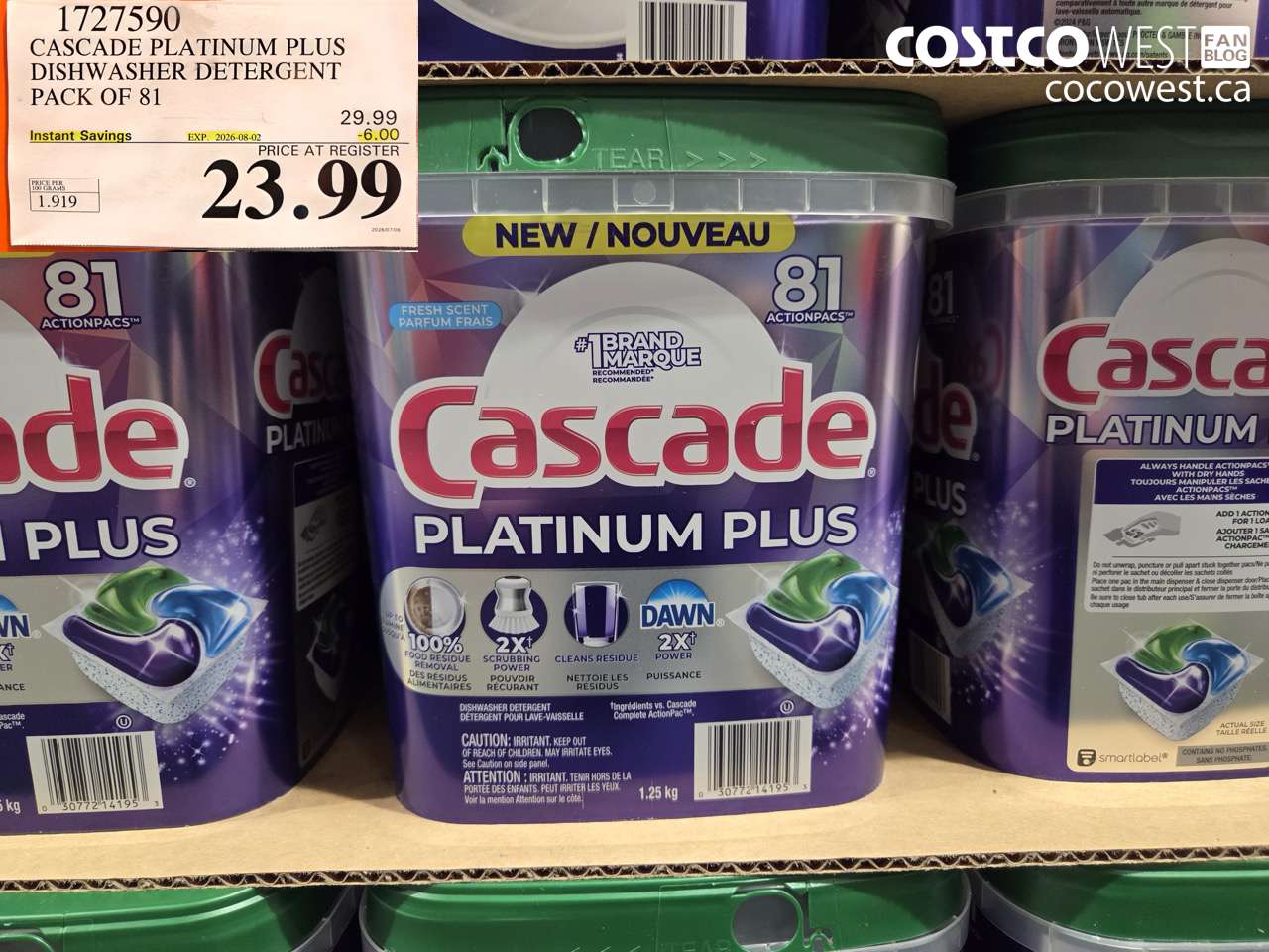 1727590 CASCADE PLATINUM PLUS DISHWASHER DETERGENT PACK OF 81 ($6.00 INSTANT SAVINGS EXPIRES ON 2026-08-02) $23.99