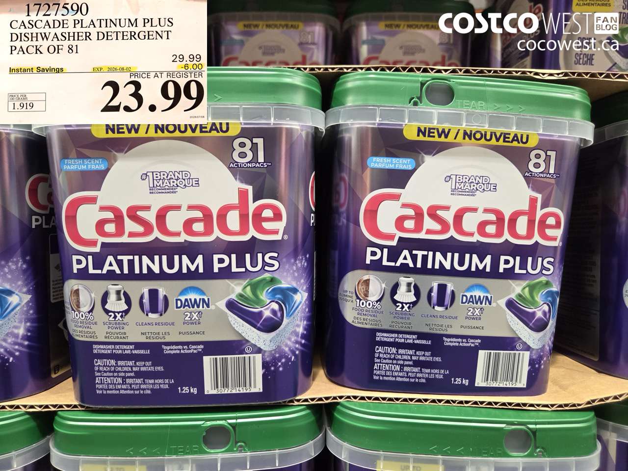 1727590 CASCADE PLATINUM PLUS DISHWASHER DETERGENT PACK OF 81 ($6.00 INSTANT SAVINGS EXPIRES ON 2026-08-02) $23.99