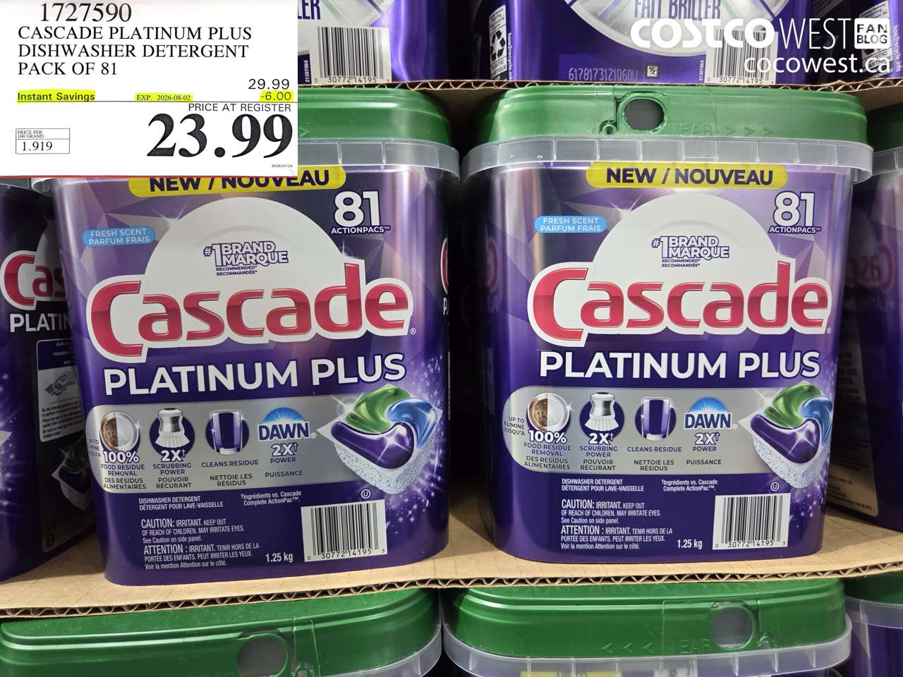 1727590 CASCADE PLATINUM PLUS DISHWASHER DETERGENT PACK OF 81 ($6.00 INSTANT SAVINGS EXPIRES ON 2026-08-02) $23.99