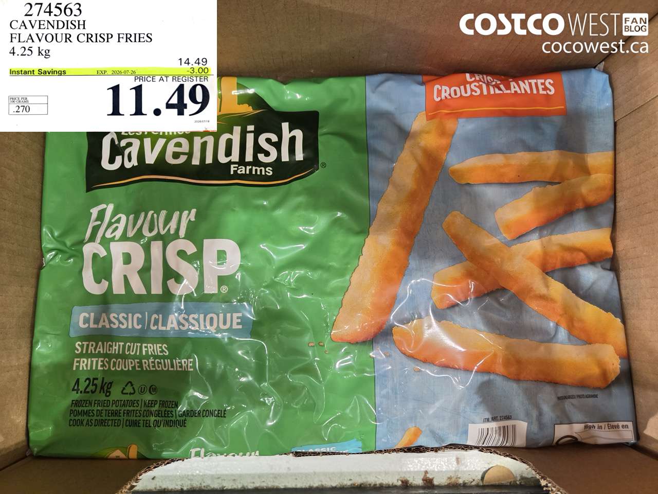 274563 CAVENDISH FLAVOUR CRISP FRIES 4.25 KG ($3.00 INSTANT SAVINGS EXPIRES ON 2026-07-26) $11.49