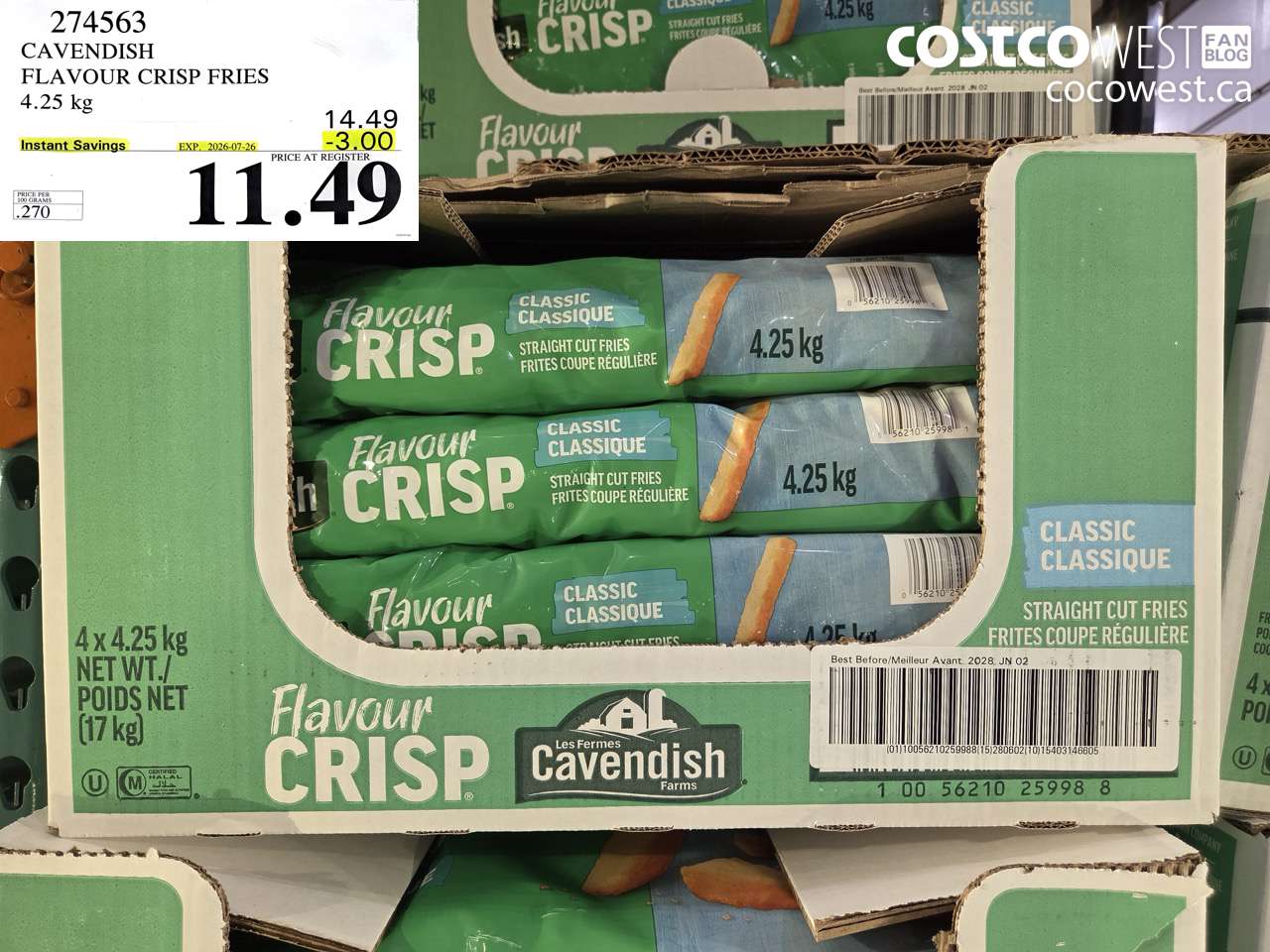274563 CAVENDISH FLAVOUR CRISP FRIES 4.25 KG ($3.00 INSTANT SAVINGS EXPIRES ON 2026-07-26) $11.49