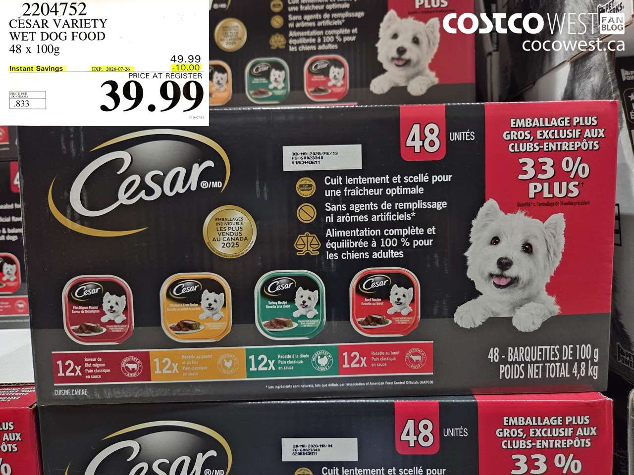 2204752 CESAR VARIETY WET DOG FOOD 48 X 100G ($10.00 INSTANT SAVINGS EXPIRES ON 2026-07-26) $39.99