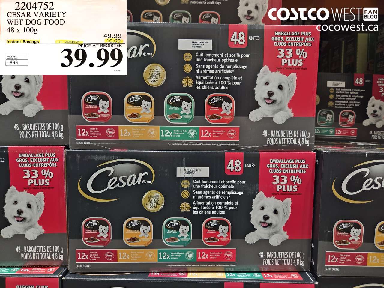 2204752 CESAR VARIETY WET DOG FOOD 48 X 100G ($10.00 INSTANT SAVINGS EXPIRES ON 2026-07-26) $39.99