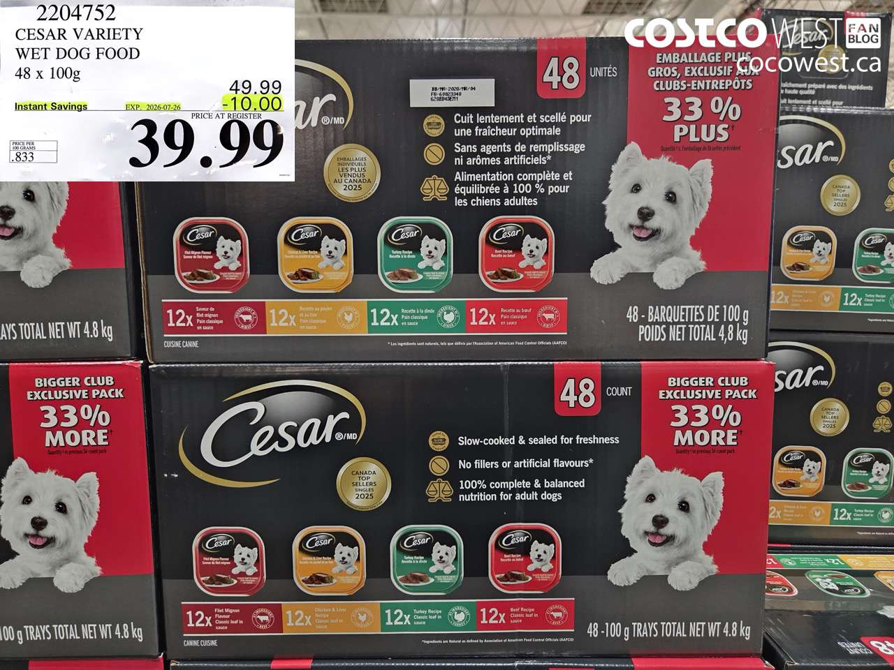 2204752 CESAR VARIETY WET DOG FOOD 48 X 100G ($10.00 INSTANT SAVINGS EXPIRES ON 2026-07-26) $39.99