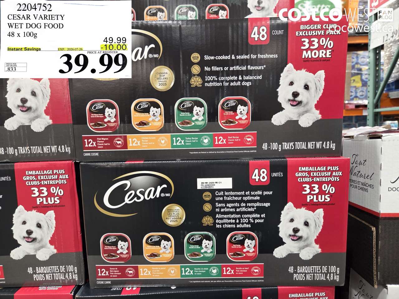2204752 CESAR VARIETY WET DOG FOOD 48 X 100G ($10.00 INSTANT SAVINGS EXPIRES ON 2026-07-26) $39.99