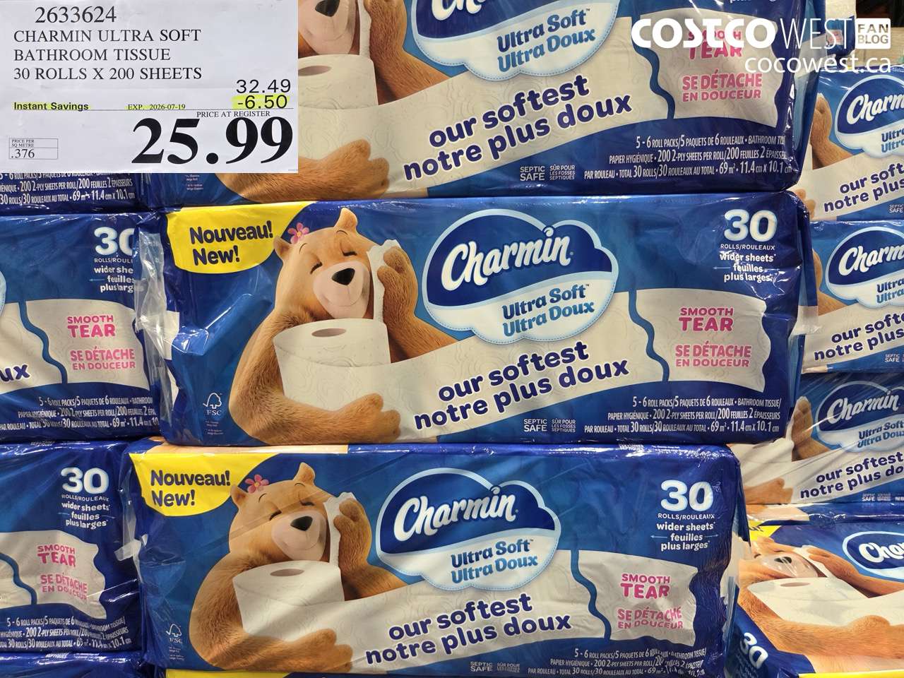 2633624 CHARMIN ULTRA SOFT BATHROOM TISSUE 30 ROLLS X 200 SHEETS ($6.50 INSTANT SAVINGS EXPIRES ON 2026-07-19) $25.99