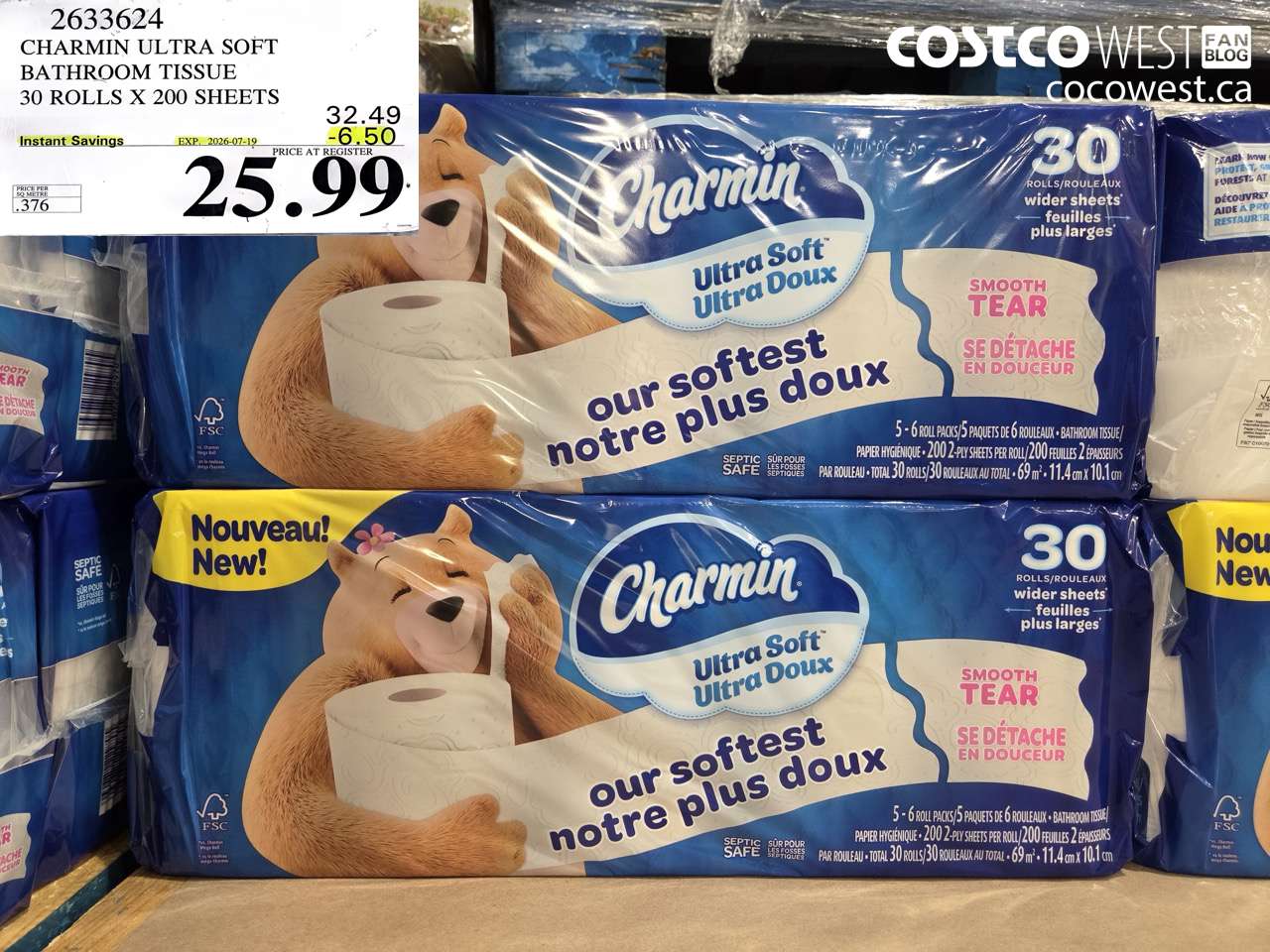 2633624 CHARMIN ULTRA SOFT BATHROOM TISSUE 30 ROLLS X 200 SHEETS ($6.50 INSTANT SAVINGS EXPIRES ON 2026-07-19) $25.99