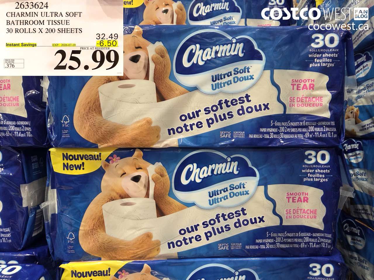 2633624 CHARMIN ULTRA SOFT BATHROOM TISSUE 30 ROLLS X 200 SHEETS ($6.50 INSTANT SAVINGS EXPIRES ON 2026-07-19) $25.99