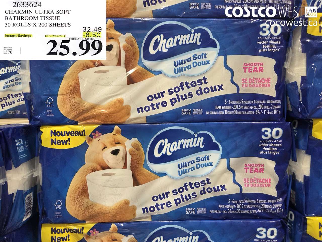 2633624 CHARMIN ULTRA SOFT BATHROOM TISSUE 30 ROLLS X 200 SHEETS ($6.50 INSTANT SAVINGS EXPIRES ON 2026-07-19) $25.99