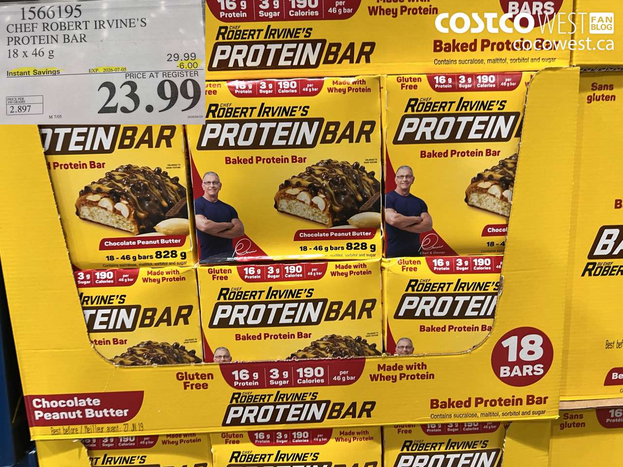 1566195 CHEF ROBERT IRVINE'S PROTEIN BAR 18 X 46 G ($6.00 INSTANT SAVINGS EXPIRES ON 2026-07-05) $23.99
