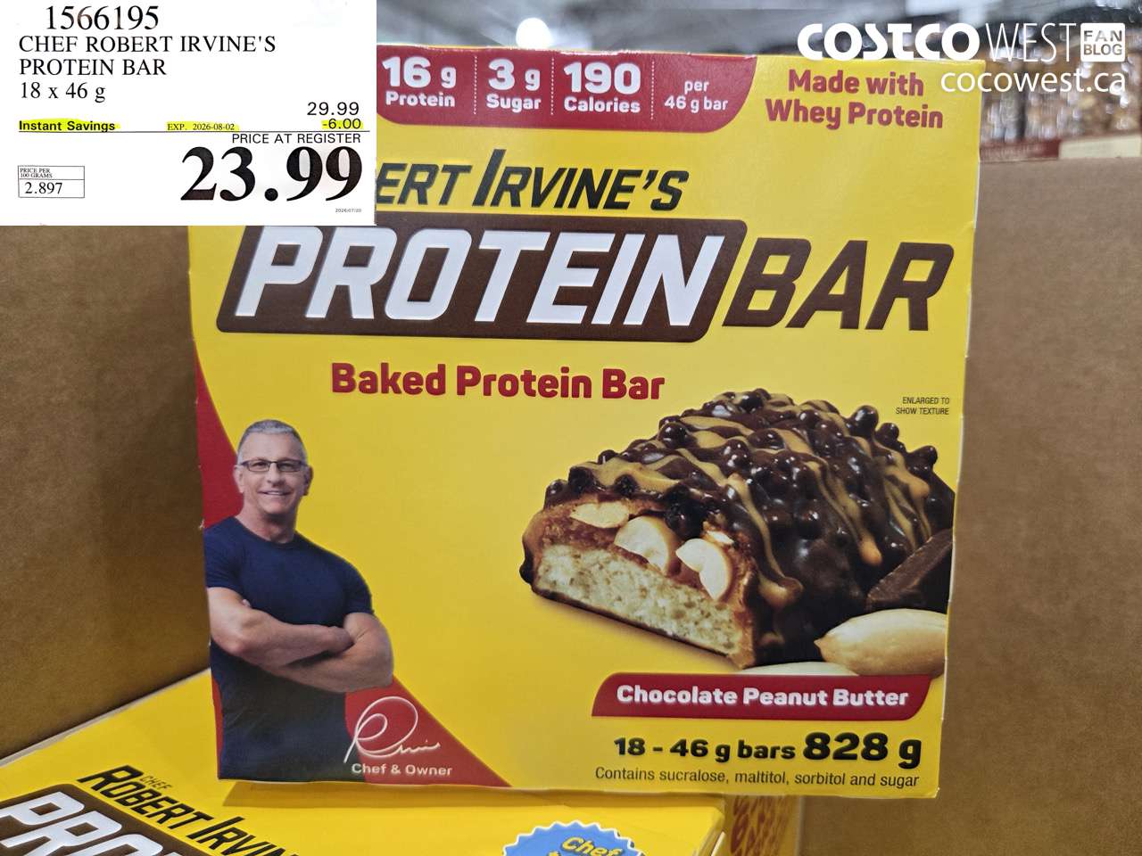 1566195 CHEF ROBERT IRVINE'S PROTEIN BAR 18 X 46 G ($6.00 INSTANT SAVINGS EXPIRES ON 2026-08-02) $23.99